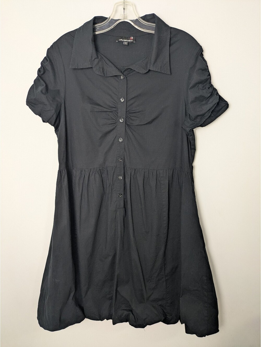 Laura Plus Black Cotton Stretch Ruched Short Sleeve Button Front Dress Size 16